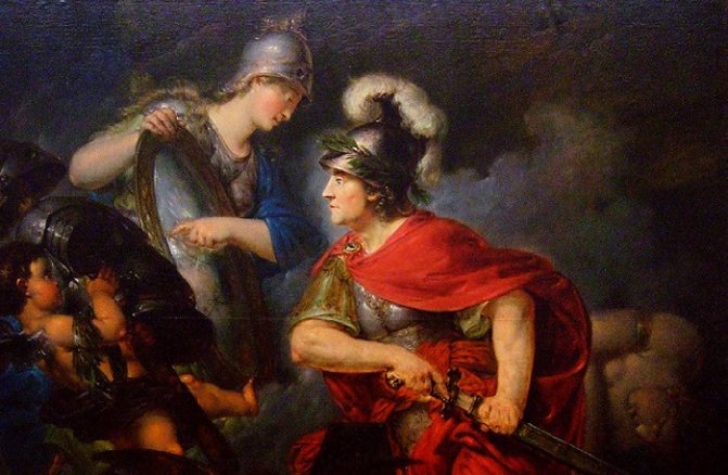 Athena gives Perseus a mirror shield. Author: Bernhard Rohde.
