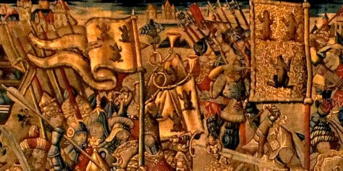 Battle of Tolbiac, a fragment of the tapestry with the banners of Claudwig