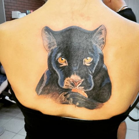 Big tattoo of a beast on a girl's back