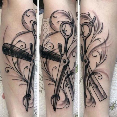 Razor tattoo and scissors on the arm