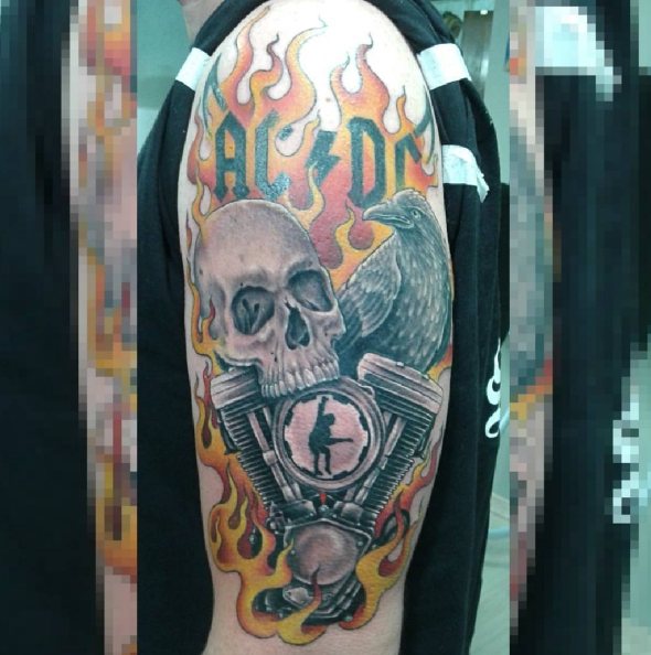 Skull, raven, fire - rock tattoo