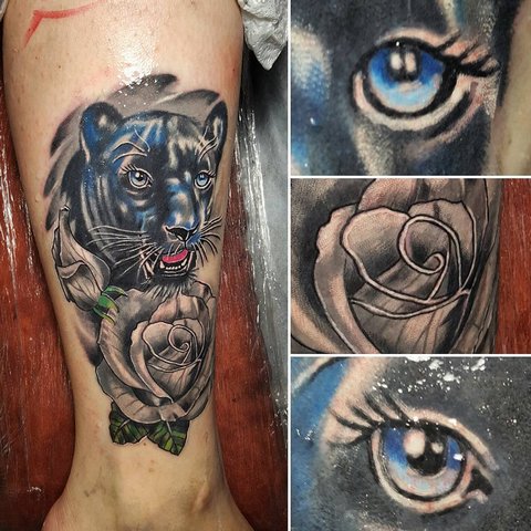 Colorful panther and flower tattoo