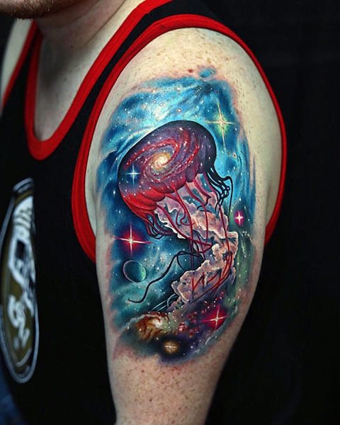 Color Jellyfish Tattoo on Male Shoulder