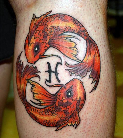 Color tattoo - the zodiac sign of fish on your leg