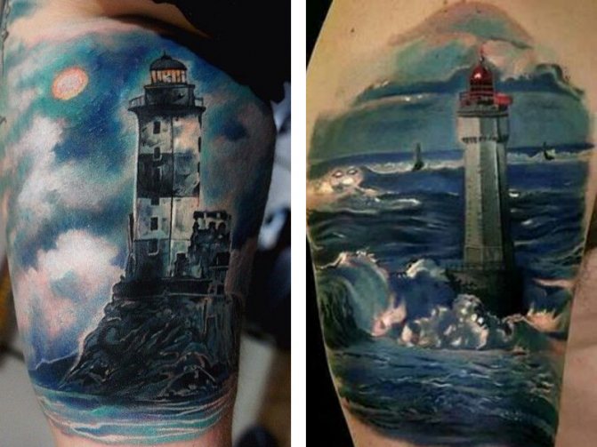 Two colored lighthouse tattoos