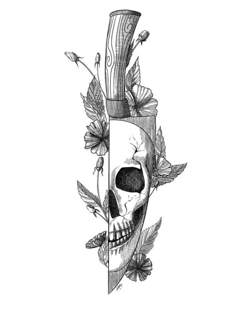 Skull sketch with a dagger