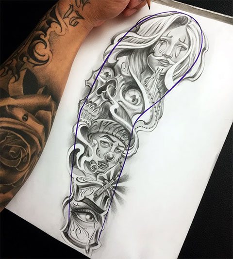 Sketch for a Chicano-style tattoo sleeve