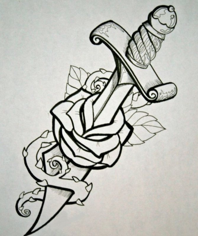 Schiță pentru un tatuaj de trandafir și pumnal