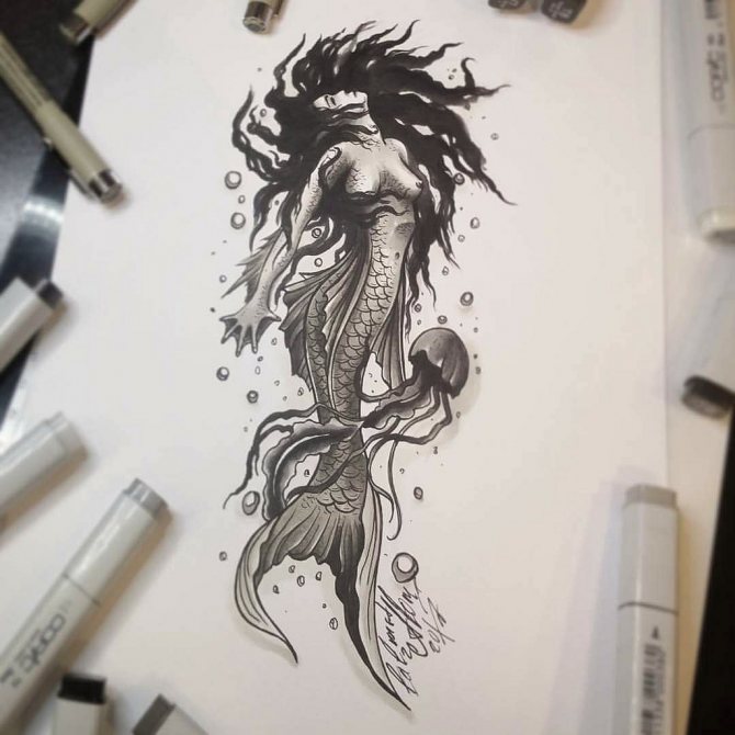Sketch for a tattoo in the form of a mermaid