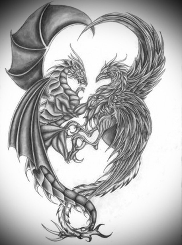 Sketch of a male tattoo with two dragons