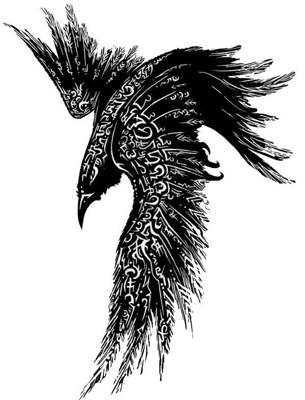 Sketch of a tattoo in the form of a raven, which moves smoothly from the neck to the back
