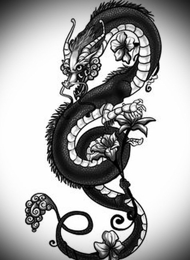 Sketch of a tattoo on a leg with a dragon