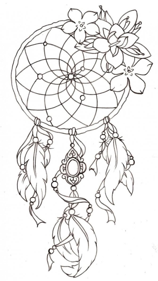 Sketch of a tattoo on a leg with a dream catcher