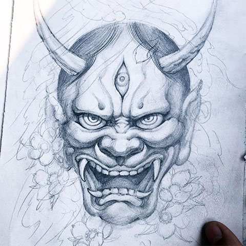 Japanese demon Oni sketch for tattoo
