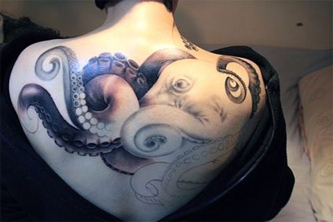 Sketch of female tattoo with an octopus on her back