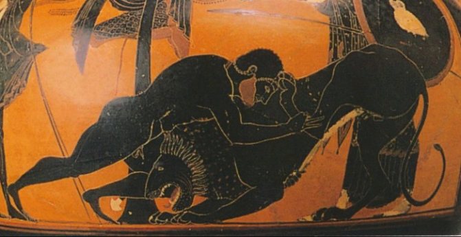 Heracles kills the Nemean lion. Fragment of an ancient Greek vase painting