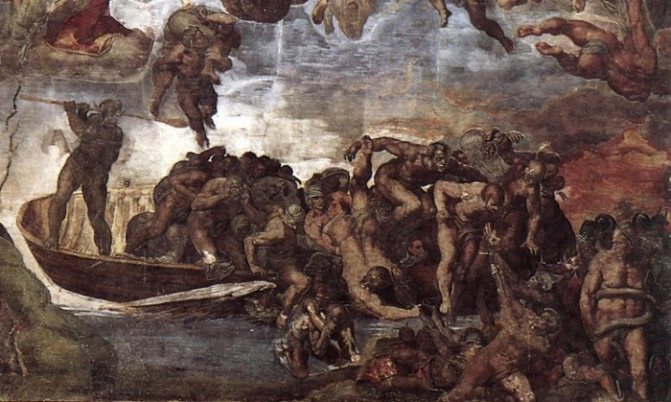 Caronte scarica la sua barca. Frammento di un affresco del Giudizio Universale di Michelangelo nella Cappella Sistina in Vaticano