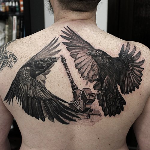 Hugin and Munin tattoo. Meaning, sketches on the back, shoulder, neck, hand