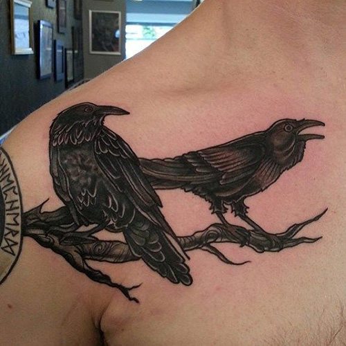 Hugin and Munin tattoo. Meaning, sketches on back, shoulder, neck, hand