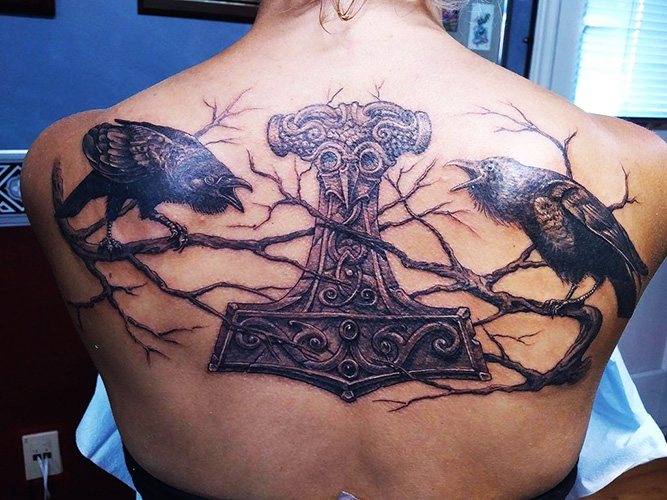 Hugin and Munin tattoos. Meaning, sketches on the back, shoulder, neck, hand