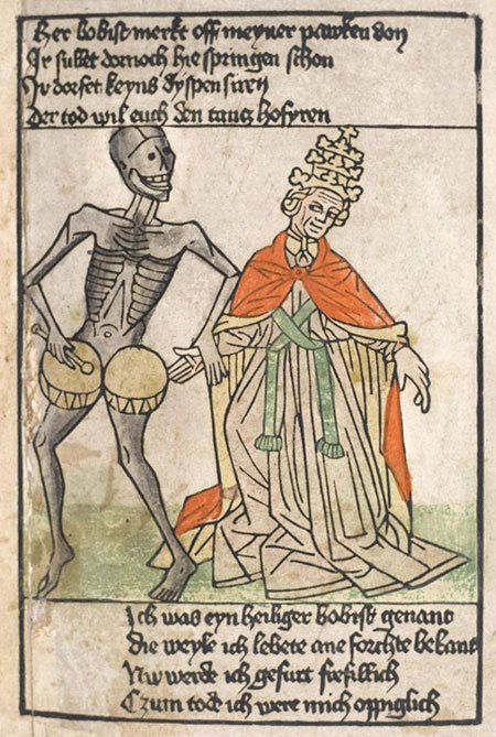 Illustration from Heidelberger Bilderkatechismus, author unknown, 1455. This may be one of the earliest depictions of the Dance of Death.