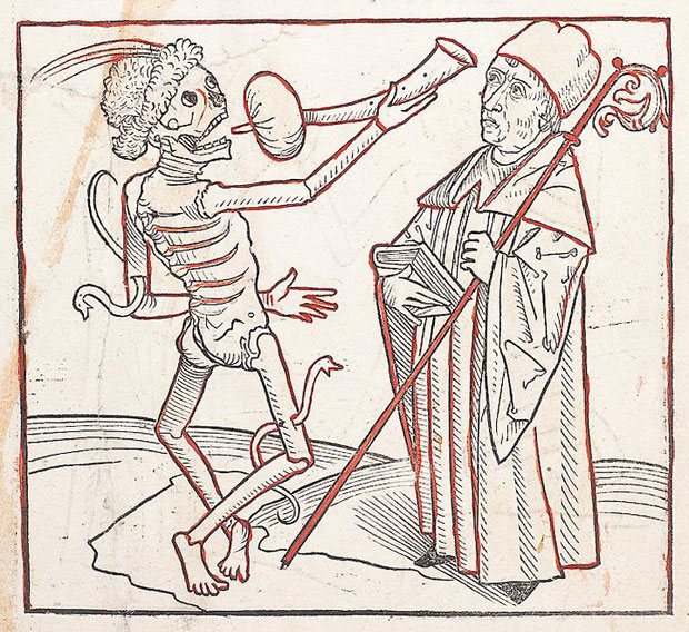 Illustration from Heidelberger Totentanz, author unknown, 1488. Scholars believe that this is the first book devoted exclusively to the Dance of Death. The book contains a series of 38 woodcuts in which death is visited by citizens of different occupations.