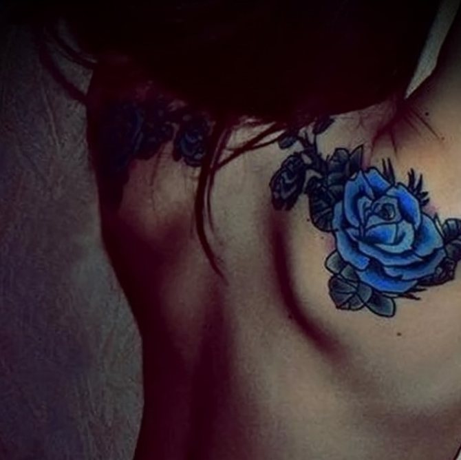 Interesting idea - to do a tattoo in the form of blue roses on both shoulder blades