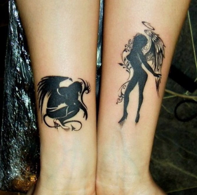 Interesting tattoo for sisters in the form of an angel and a demon