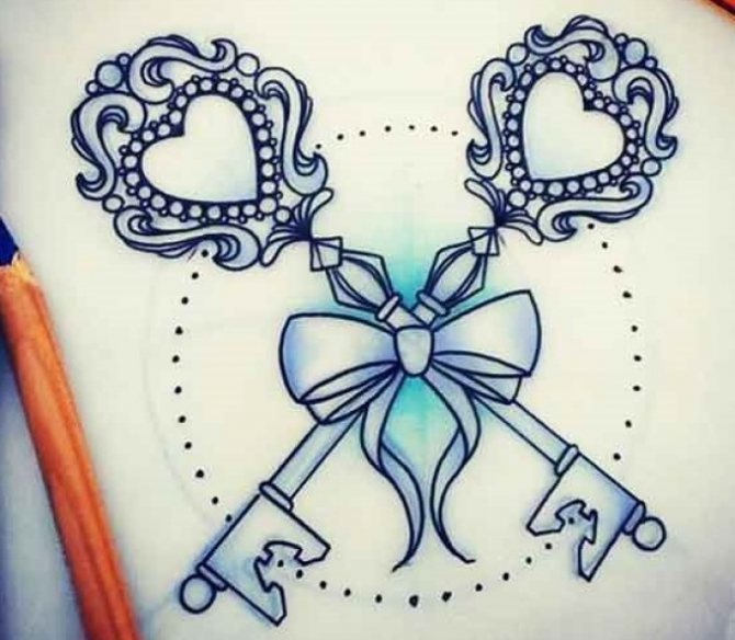 Interesting drawing for a tattoo in the form of a bow and the keys that should open a woman's heart