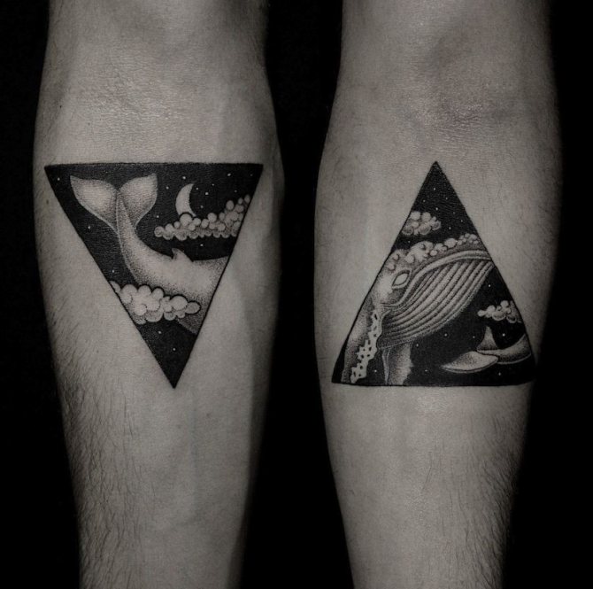 Interesting variant of the paired tattoo - a whale in a triangle