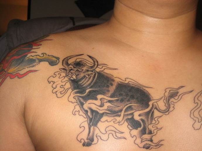 depictions of a bull on his chest
