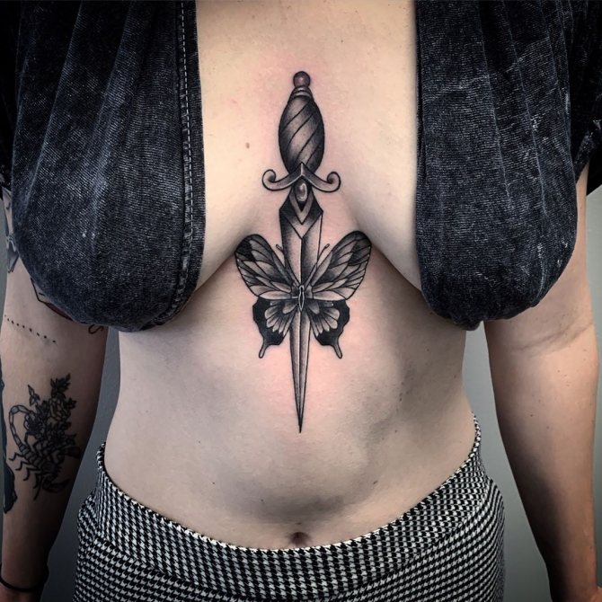 Dagger and Butterfly between female breasts