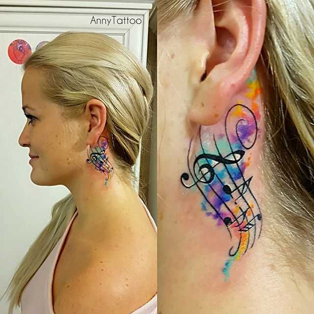 Key tattoo on the neck, watercolor