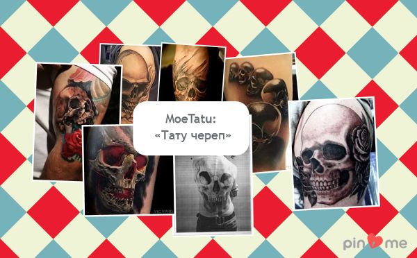 Collage of photo with male skull tattoos.
