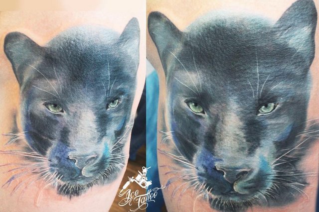 Beautiful colored panther head tattoo