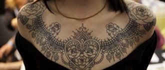Beautiful lace collar tattoo with hearts and roses symbolizing love and passion.