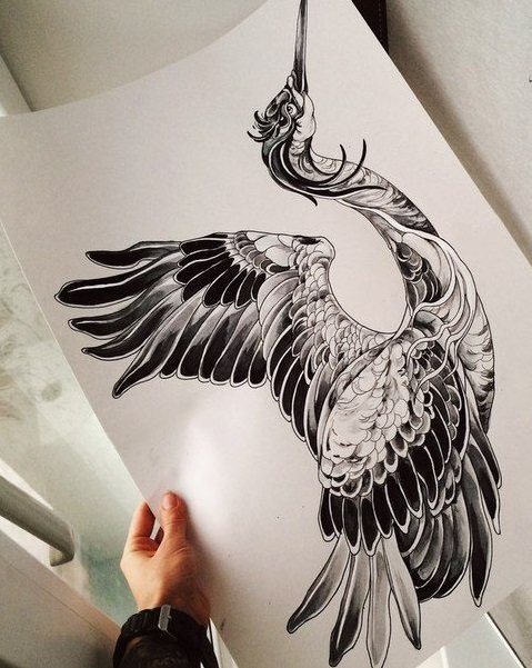 Beautiful tattoo sketch for a crane tattoo