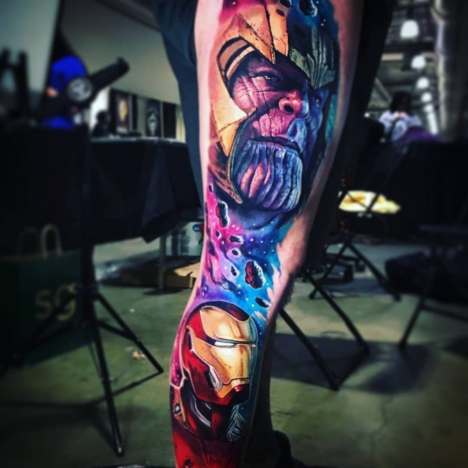 Colorful Thanos and Iron Man Tattoo on Leg