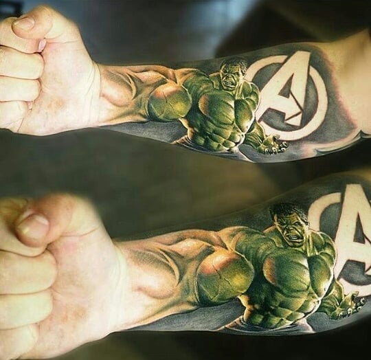 Cool Hulk tattoo and Avengers logo