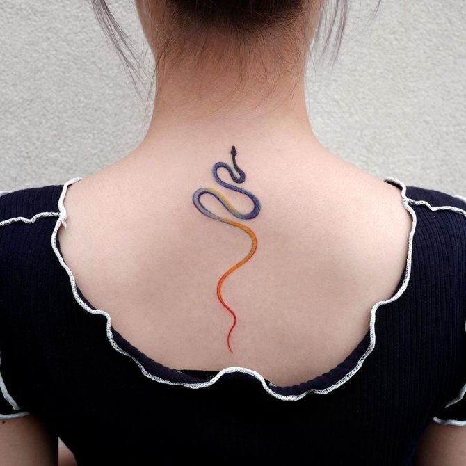Little snake tattoo on a girl's back