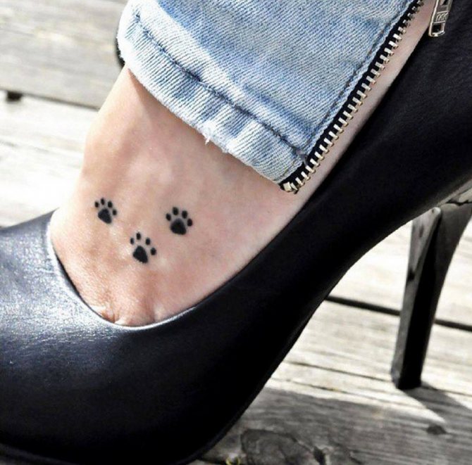 A small tattoo on the leg in the form of cat paw prints