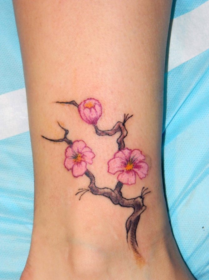 Small sakura twig as a small tattoo on the leg