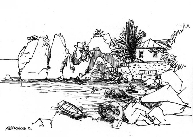 Merkulov Serghei, desene cu stiloul, schiță