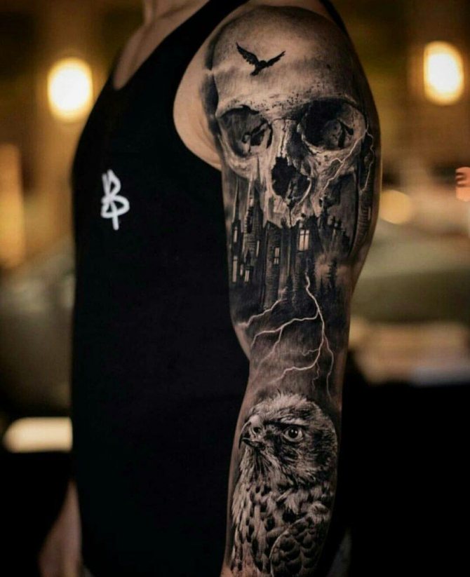 Men's black and white tattoo sleeve. Skull and eagle