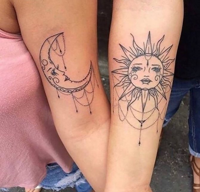 Paired tattoo with the moon and the sun