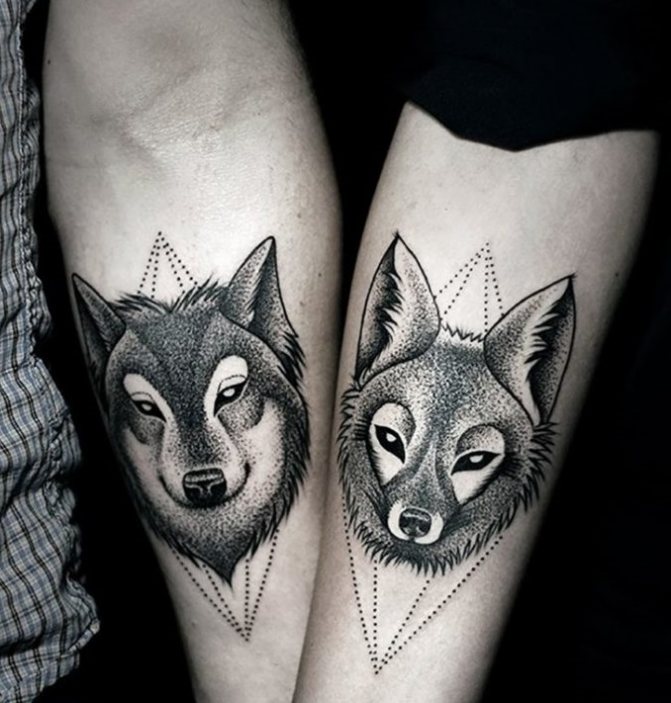 Paired tattoos as a wolf and a fox complement each other perfectly