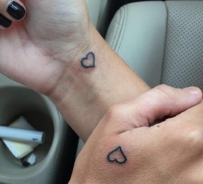 Paired tattoos for two lovers. Sketches, photo captions with translation for husband and wife, boyfriend and girlfriend