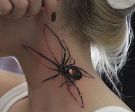 Spider with thin legs on woman's neck.
