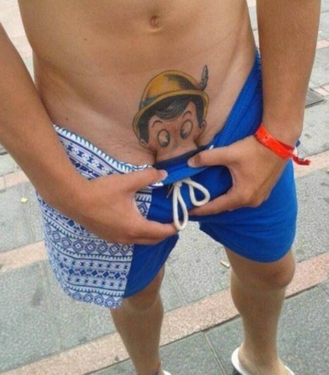 Example of a male intimate Pinocchio tattoo