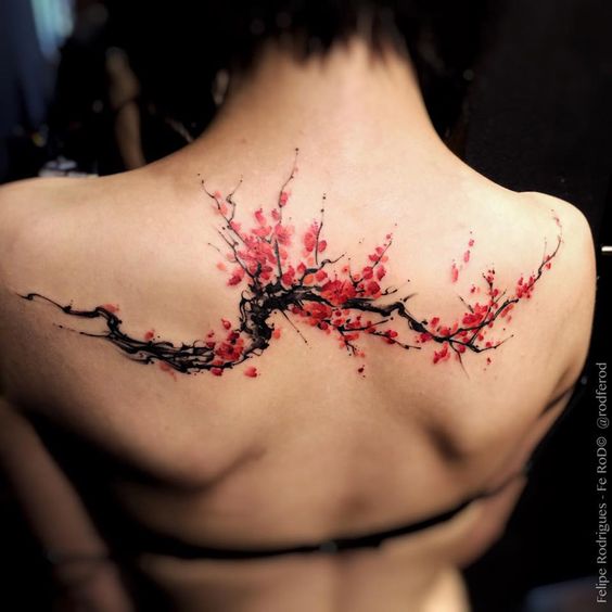 Realistic Cherry Blossom Branch Tattoo on Back